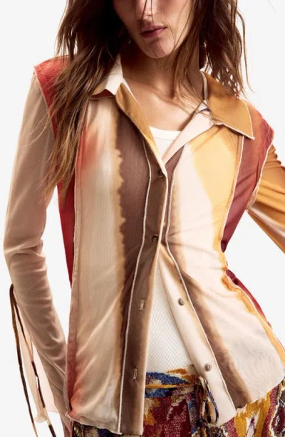 Desigual Stripe Mesh Button-up Shirt In Multi