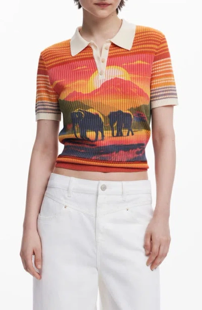 Desigual Stripe Scenic Rib Graphic Polo In Yellow