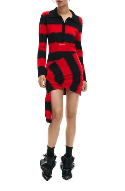 Desigual Stripe Side Drape Long Sleeve Minidress In Multi
