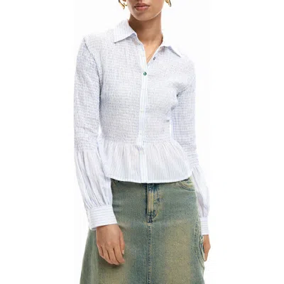 Desigual Stripe Smocked Peplum Cotton Blend Button-up Shirt In White