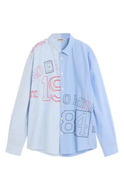 Desigual Striped Embroidered Long Sleeve Button-up Shirt In Light Blue