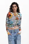 Desigual Stripe Floral Sweater In White