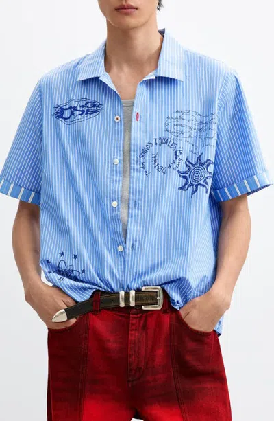 Desigual Striped Graphic Cotton Button-up Shirt In Light Blue