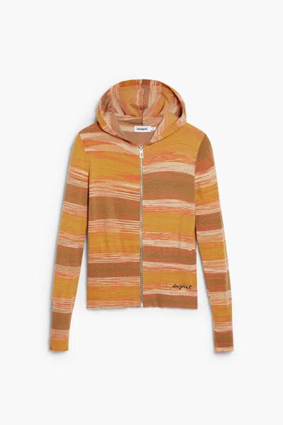 Desigual Striped Hoodie With Zipper In Orange