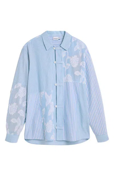 Desigual Striped Jacquard Floral Button Shirt In Light Blue