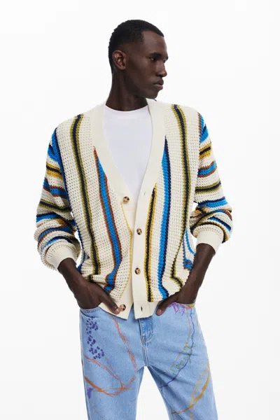 Desigual Striped Knit Cardigan In White