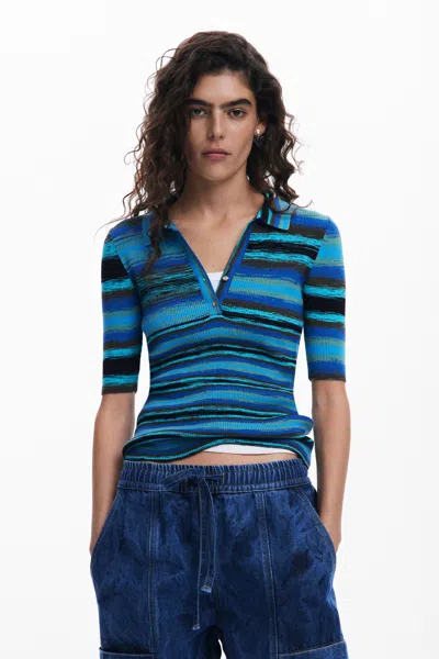 Desigual Striped Knit T-shirt In Blue