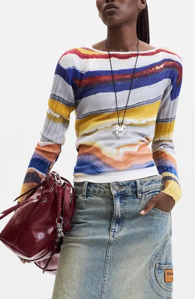 Desigual Striped Metallic Knit Sweater In Light Blue