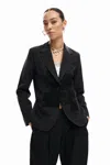Desigual Mixed Media Pinstripe Single Breasted Blazer In Black
