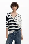 Desigual Variegated Stripe V-neck Sweater In White