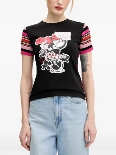 Desigual Striped-sleeve Graphic T-shirt In Black
