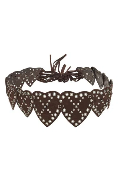 Desigual Studded Heart Leather Belt In Brown