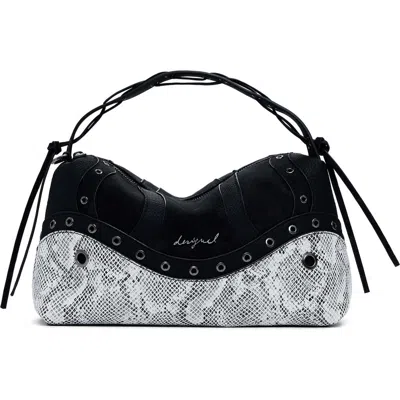 Desigual Studded Snakeskin Print Faux Leather Handbag In Black