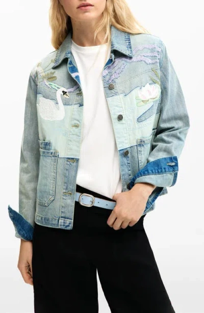 Desigual Swan Appliqué Denim Trucker Jacket In Blue