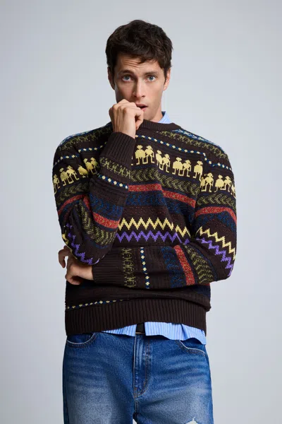 Desigual Sweater With Robots Borders In Brown