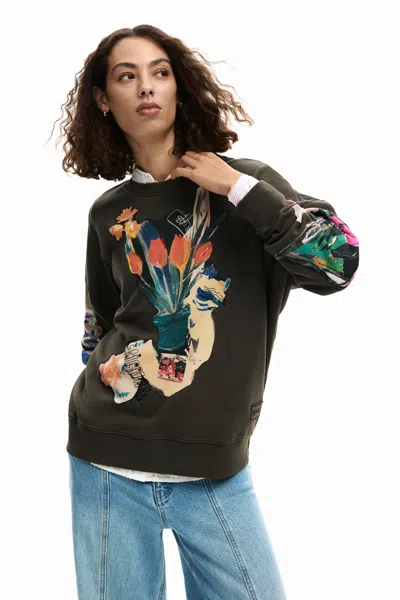 Desigual Sweatshirt Collage Drawing In Green