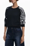Desigual Swirl Raglan Sleeve Crewneck Sweater In Black