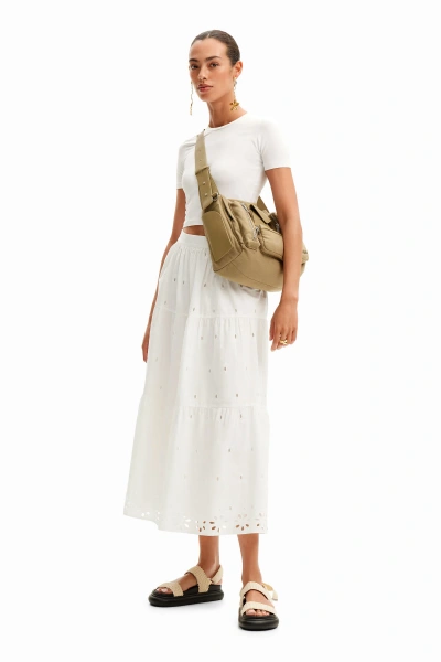 Desigual Swiss Embroidery Midi Skirt In White