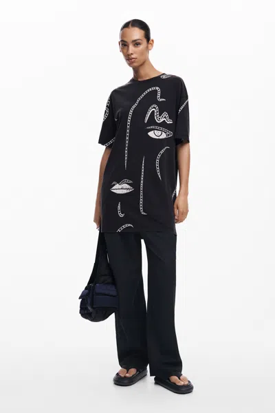 Desigual Illustrated T-shirt In Black