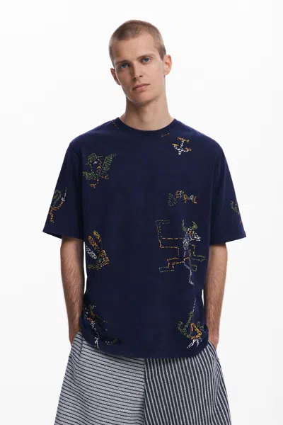 Desigual トライバル刺繍のtシャツ In Blue