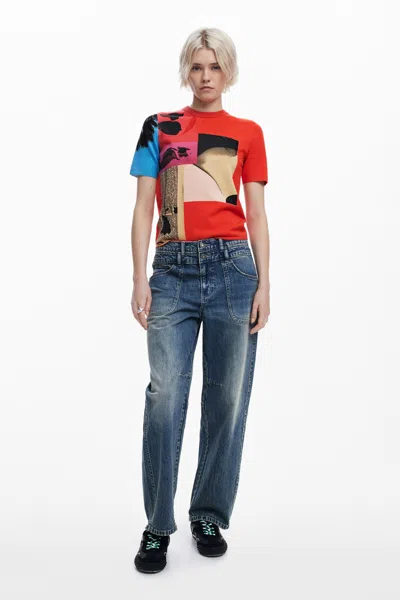 Desigual ペルキンスタイルのポストカードtシャツ In Red
