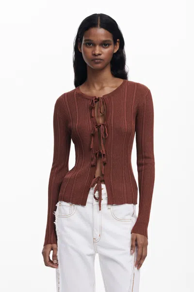 Desigual T-shirt With Bows And Fringes In Brown