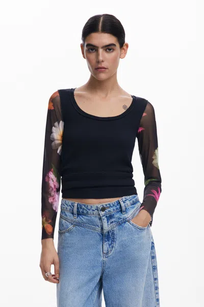 Desigual T-shirt With Printed Sleeves In Black