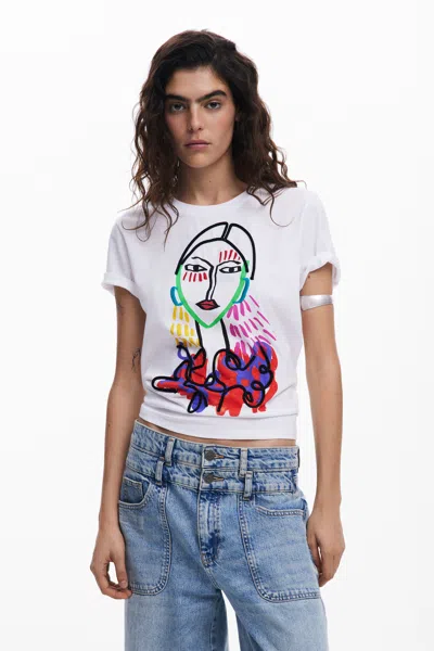 Desigual 刺繍のある顔のtシャツ In White