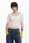 Desigual Stripe Detail Cotton Blend Rib Top In White