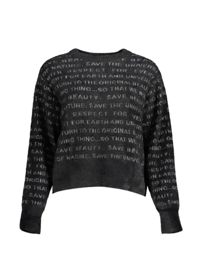 Desigual Text-print Fuzzy-knit Sweater In Black