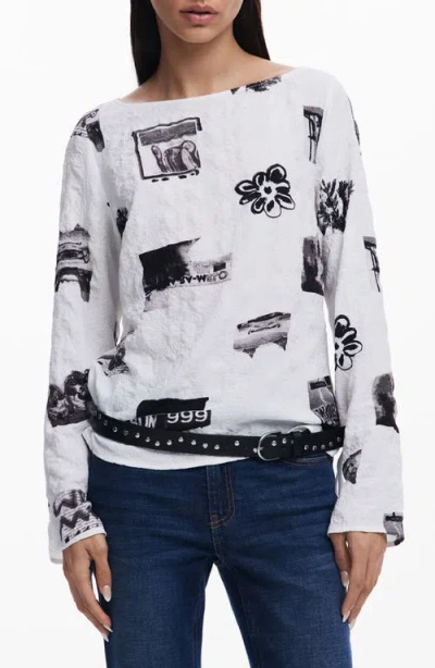 Desigual Textured Graphic Top In White