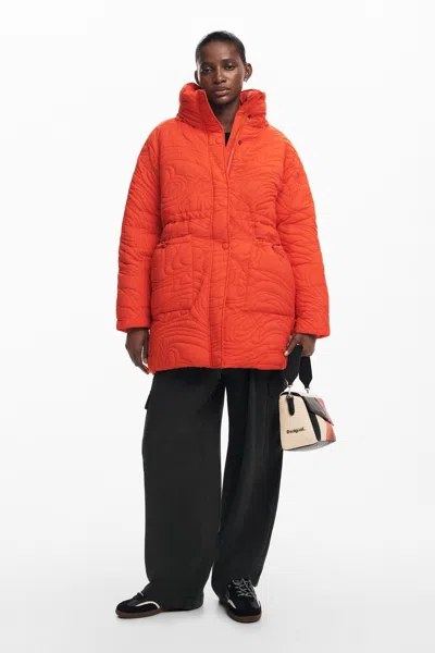 Desigual Textured Padded Coat In Orange