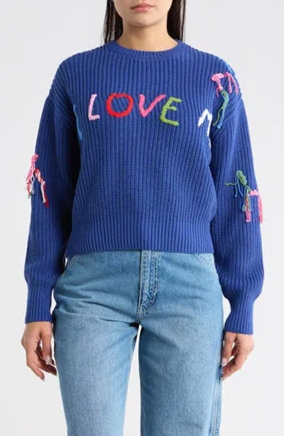 Desigual Thin Gauge Graphic Crewneck Sweater In Blue