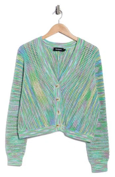 Desigual Thin Gauge Openwork Cardigan In Green