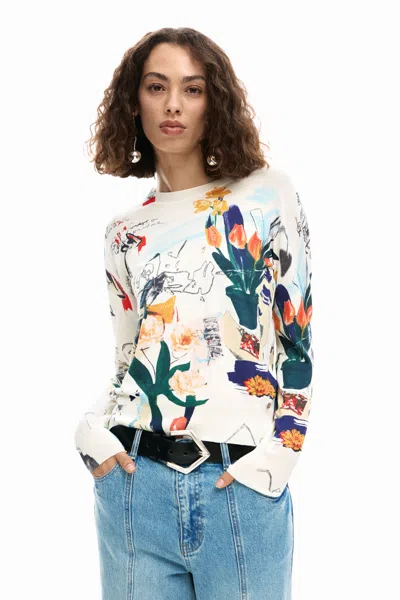 Desigual Thin Sweater Plants In White