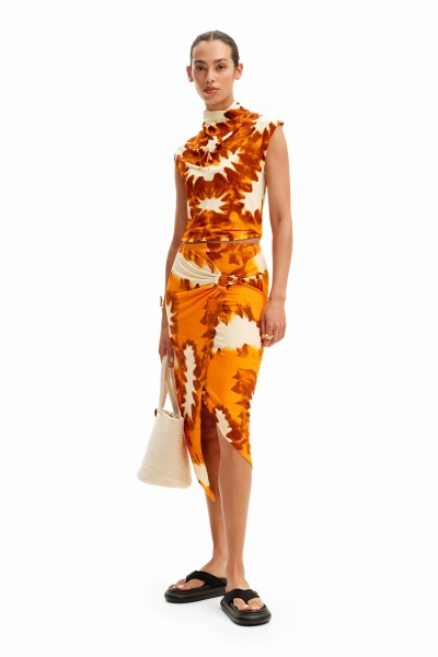 Desigual Tie-dye Wrap Midi Skirt In Orange