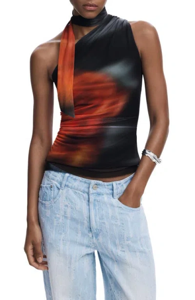 Desigual Tie Neck One Shoulder Top In Black