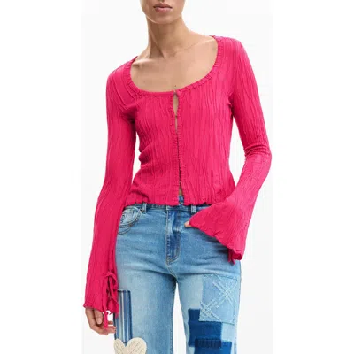 Desigual Tie Sleeve Rib Top In Pink