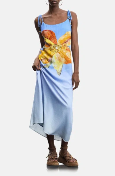 Desigual Tie Strap Maxi Dress In Blue