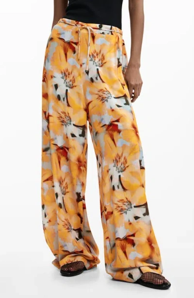 Desigual Tie Waist Print Wide Leg Pants In Blue