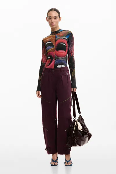 Desigual Tie-dye Trousers With Zippers In Burgundy