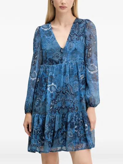 Desigual Tiered Paisley Mini Dress In Blue