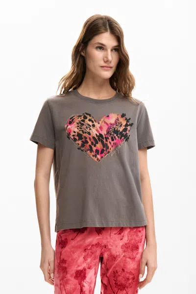 Desigual Heart Cotton Graphic T-shirt In Gray