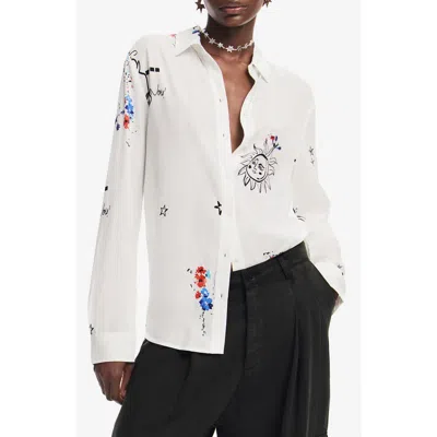 Desigual Tokio Sketch Print Button-up Shirt In White