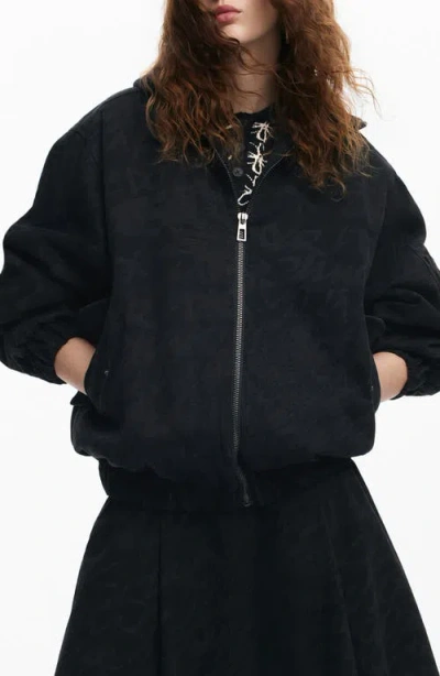 Desigual Tonal Pattern Hooded Jacket In Black