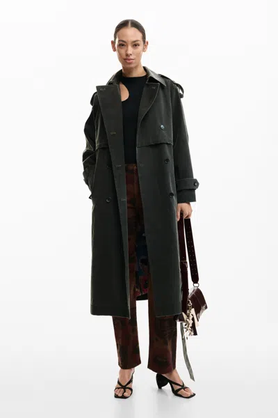 Desigual Trench Coat Suede Effect In Black