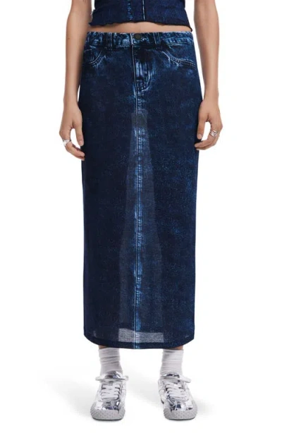 Desigual Trompe L'oeil Denim Midi Skirt In Blue