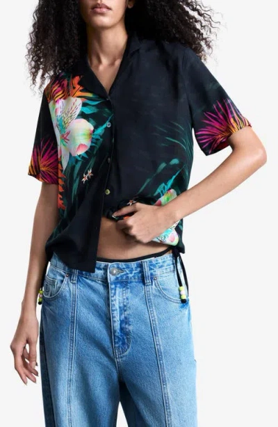 Desigual Tropical Floral Print Woven Shirt In Black