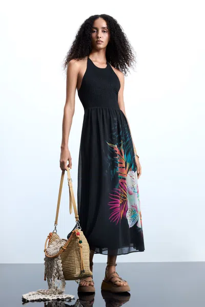 Desigual Tropical Halter Dress In Black