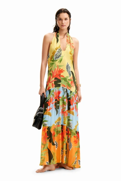 Desigual Tropical Halter Neck Maxi Dress In Material Finishes
